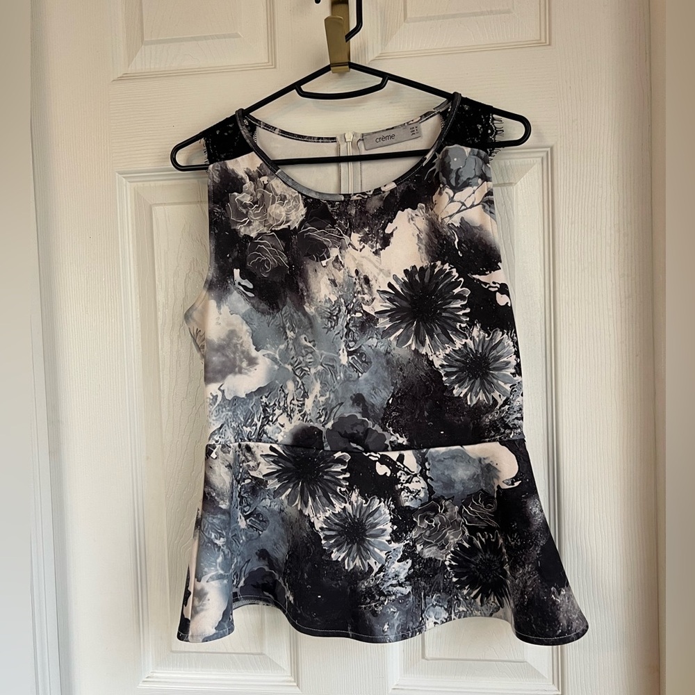 Floral Black, Grey & White Peplum Top